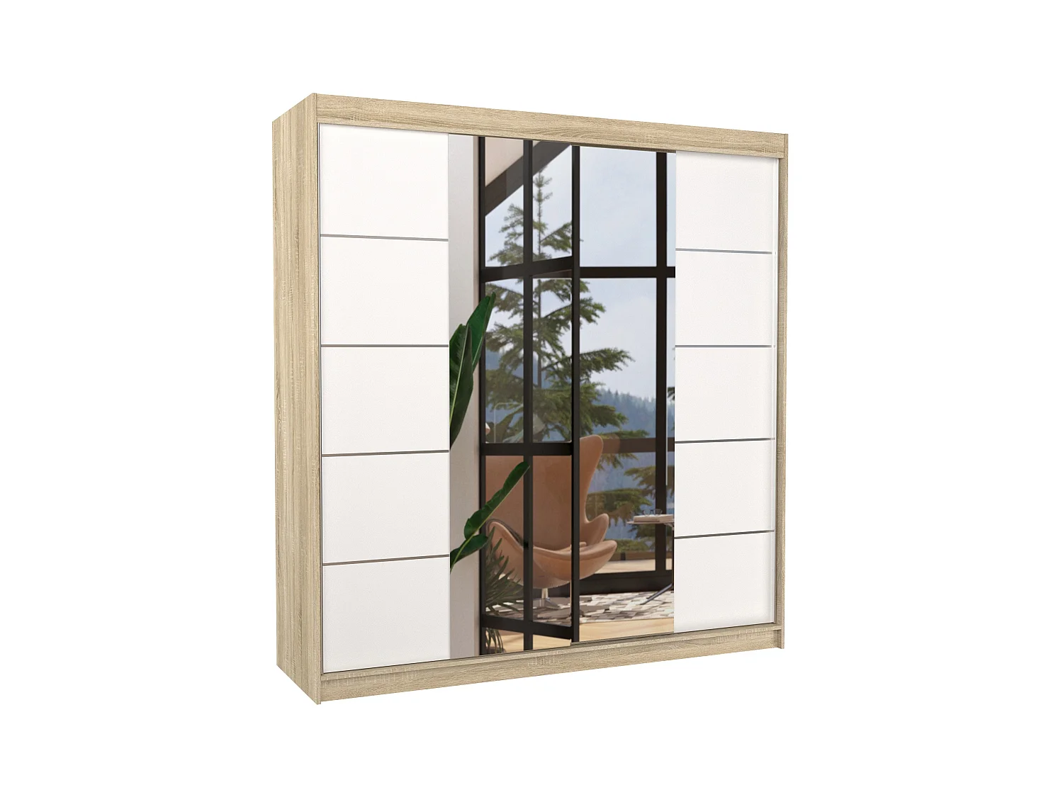 Armoire chambre adulte 2 portes coulissantes bois clair et blanc avec miroir Dalia 200cm