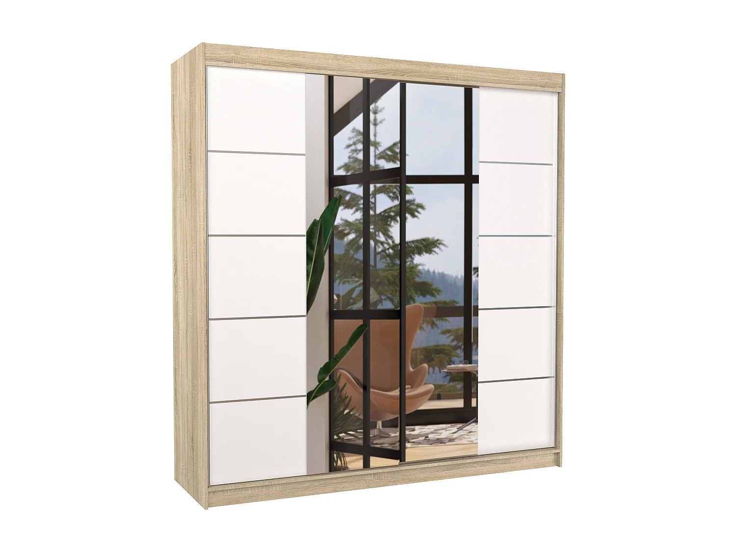 Armoire chambre adulte 2 portes coulissantes DALIA 200cm avec miroir-Naturel/Blanc