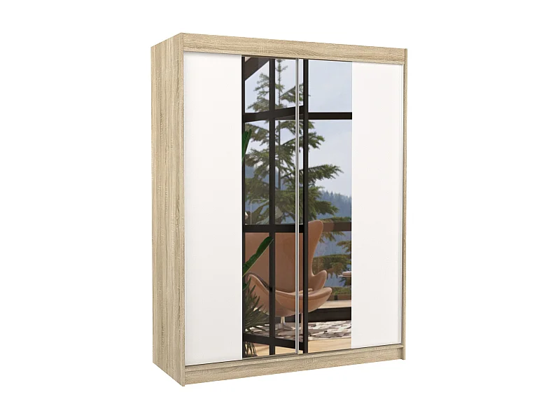 Armoire de chambre naturel 2 portes coulissantes bois blanc et miroir Zomka 150cm