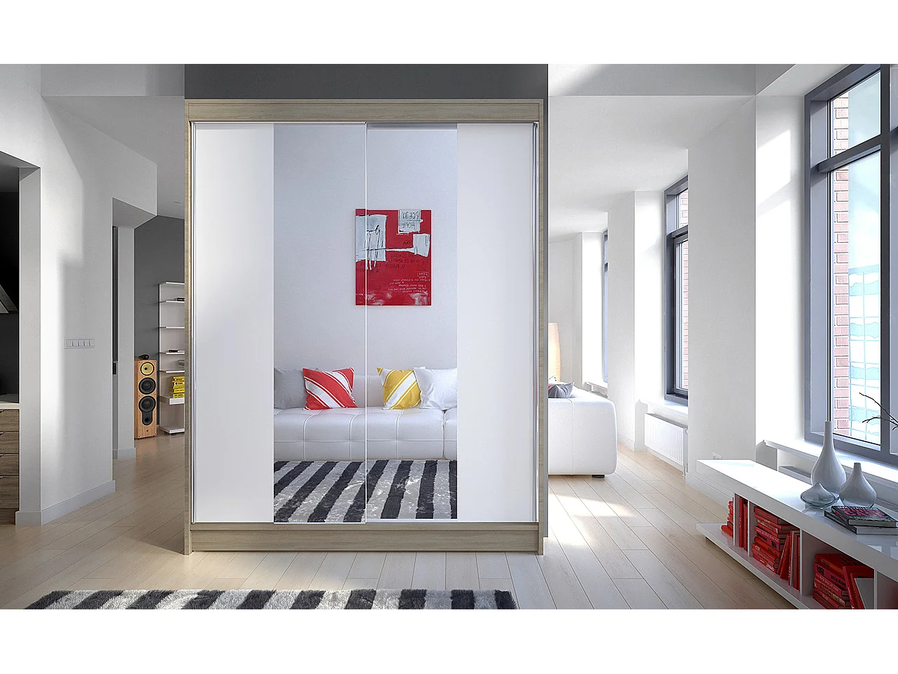 Armoire de chambre naturel 2 portes coulissantes bois blanc et miroir Zomka 150cm