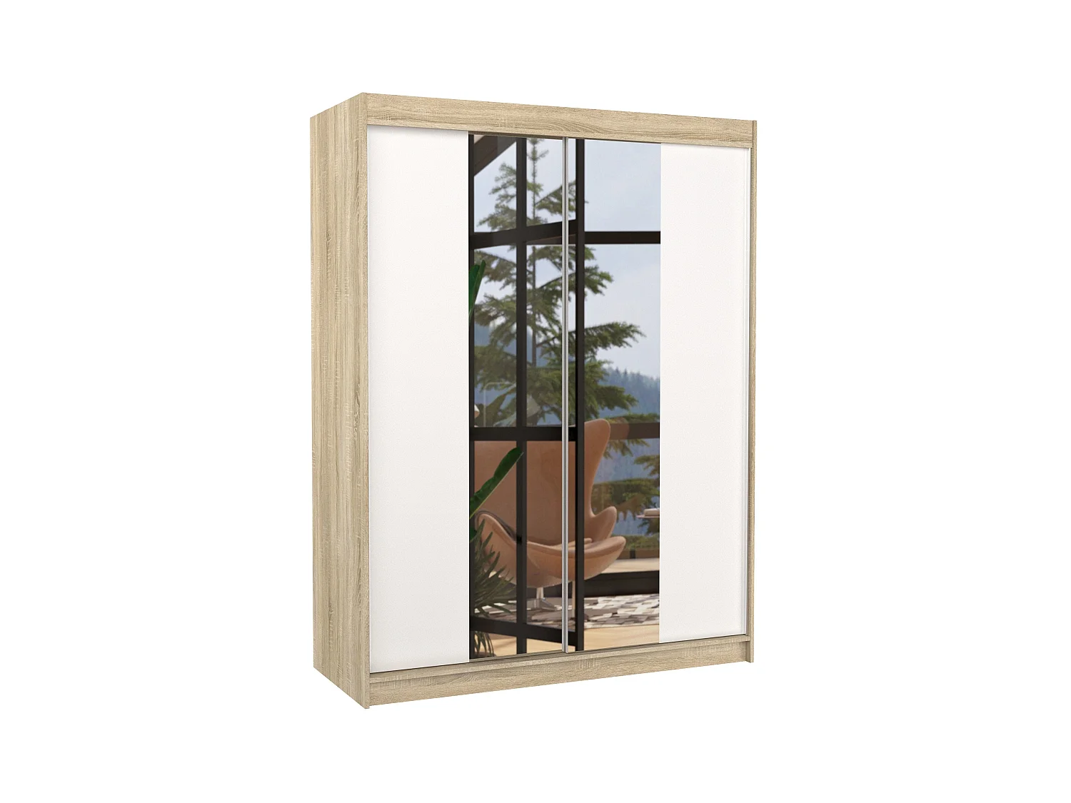 Armoire de chambre naturel 2 portes coulissantes bois blanc et miroir Zomka 150cm