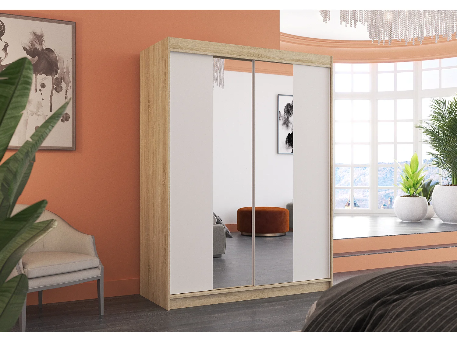Armoire de chambre naturel 2 portes coulissantes bois blanc et miroir Zomka 150cm