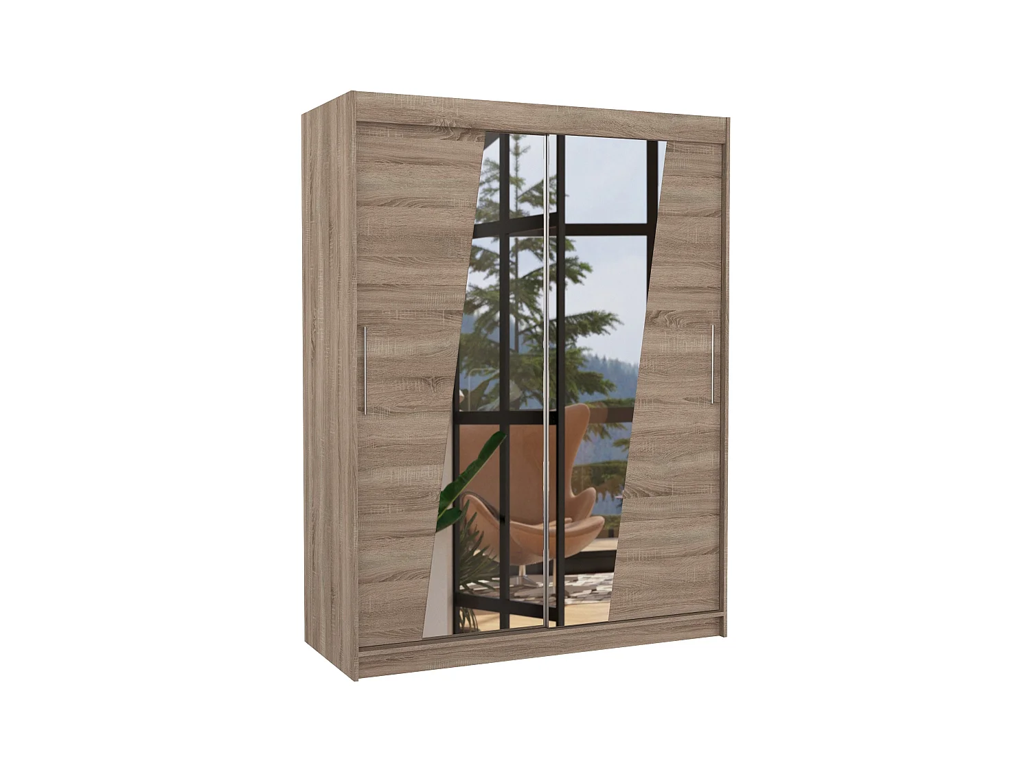 Armoire de chambre 2 portes coulissantes bois truffe et miroirs en diagonale Bekone 150cm