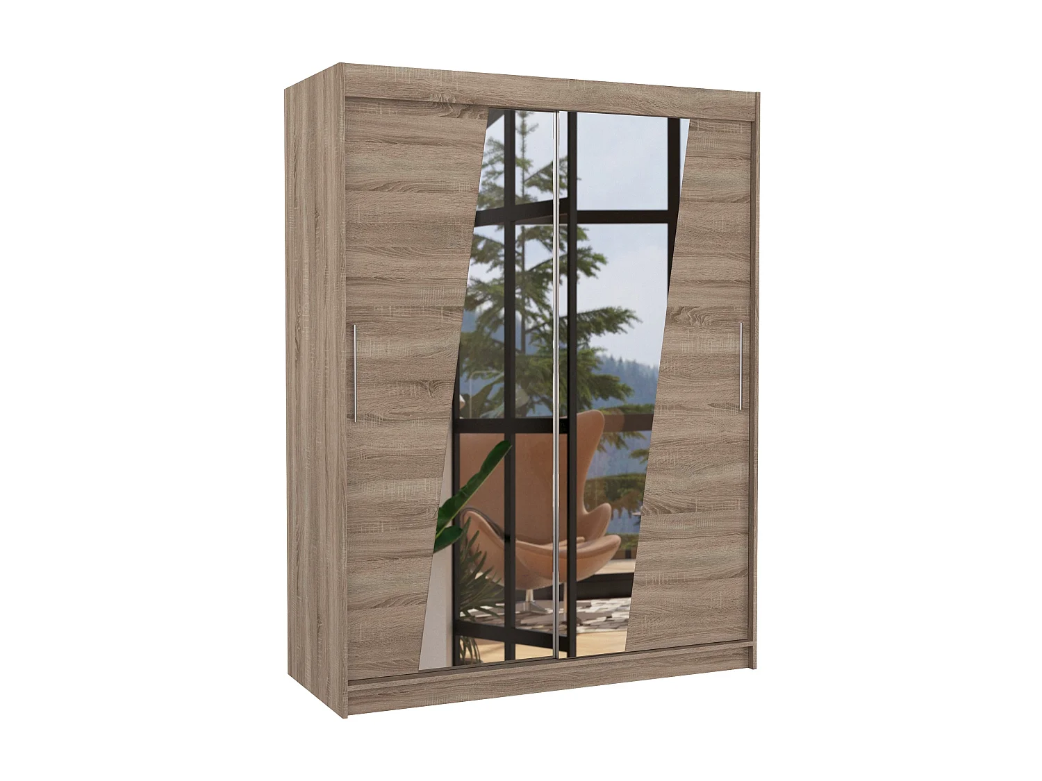 Armoire de chambre 2 portes coulissantes bois truffe et miroirs en diagonale Bekone 150cm
