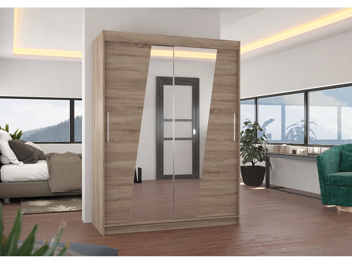 Armoire de chambre 2 portes coulissantes bois truffe et miroirs en diagonale Bekone 150cm