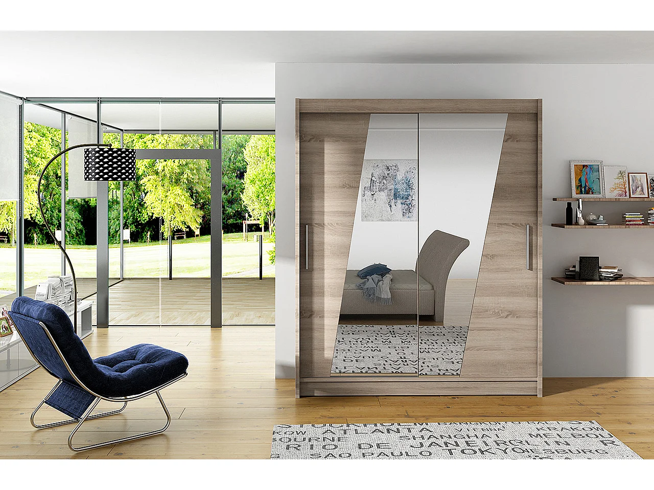 Armoire de chambre 2 portes coulissantes bois truffe et miroirs en diagonale Bekone 150cm