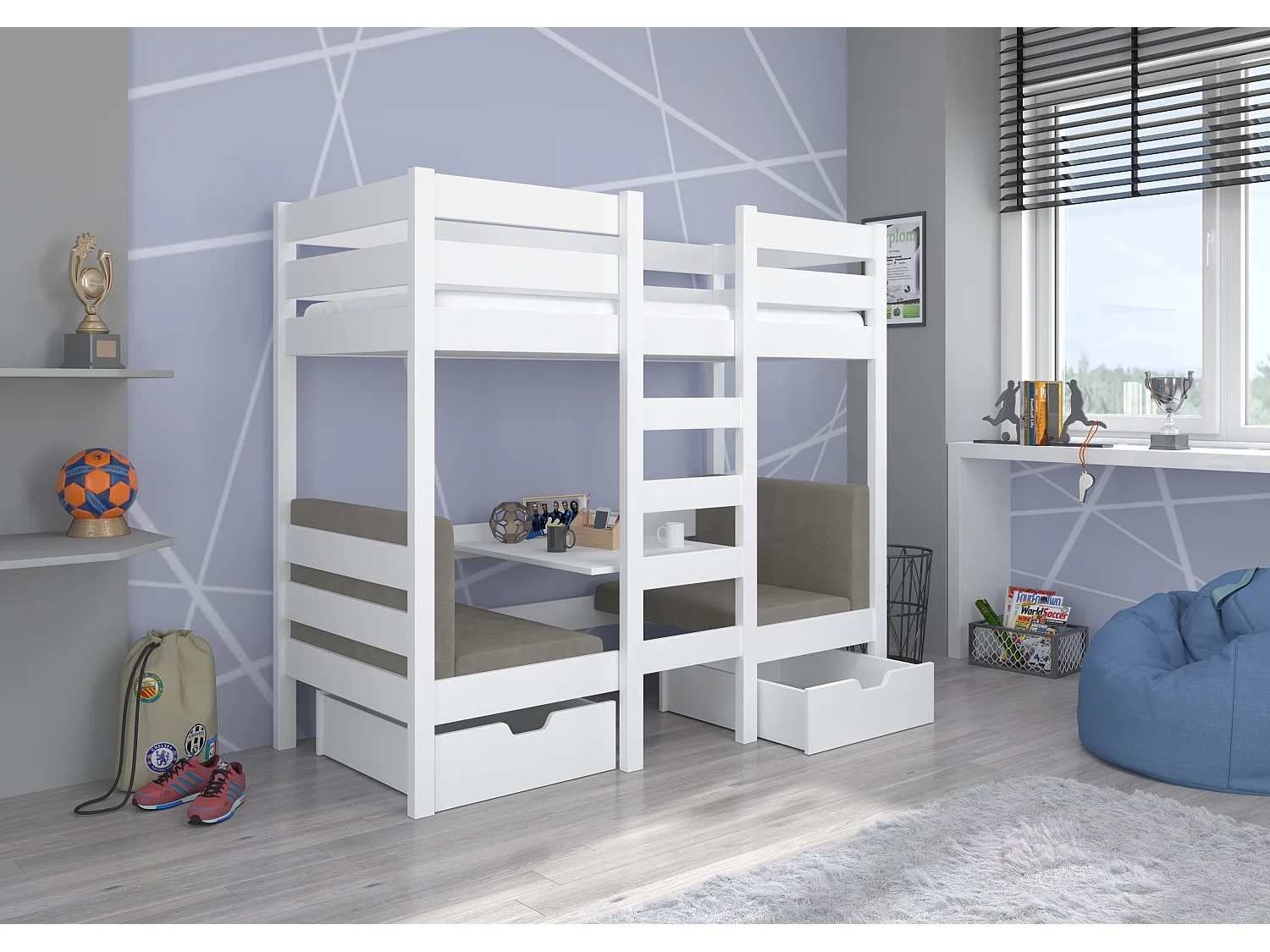 Lit mezzanine et superposé 2 couchages avec 2 tiroirs de rangement blanc 90x200 Sulutia