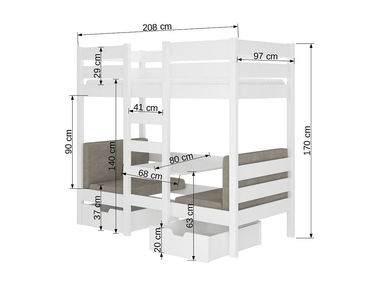 Lit mezzanine et superposé 2 couchages avec 2 tiroirs de rangement blanc 90x200 Sulutia