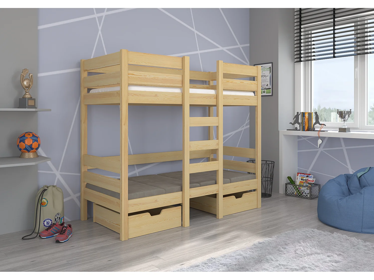 Lit mezzanine et superposé 2 couchages avec 2 tiroirs de rangement blanc 90x200 Sulutia