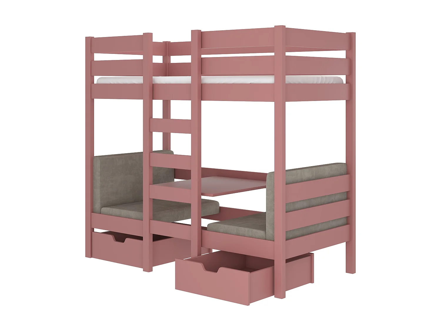 Lit mezzanine et superposé 2 couchages avec 2 tiroirs de rangement rose 90x200 Sulutia