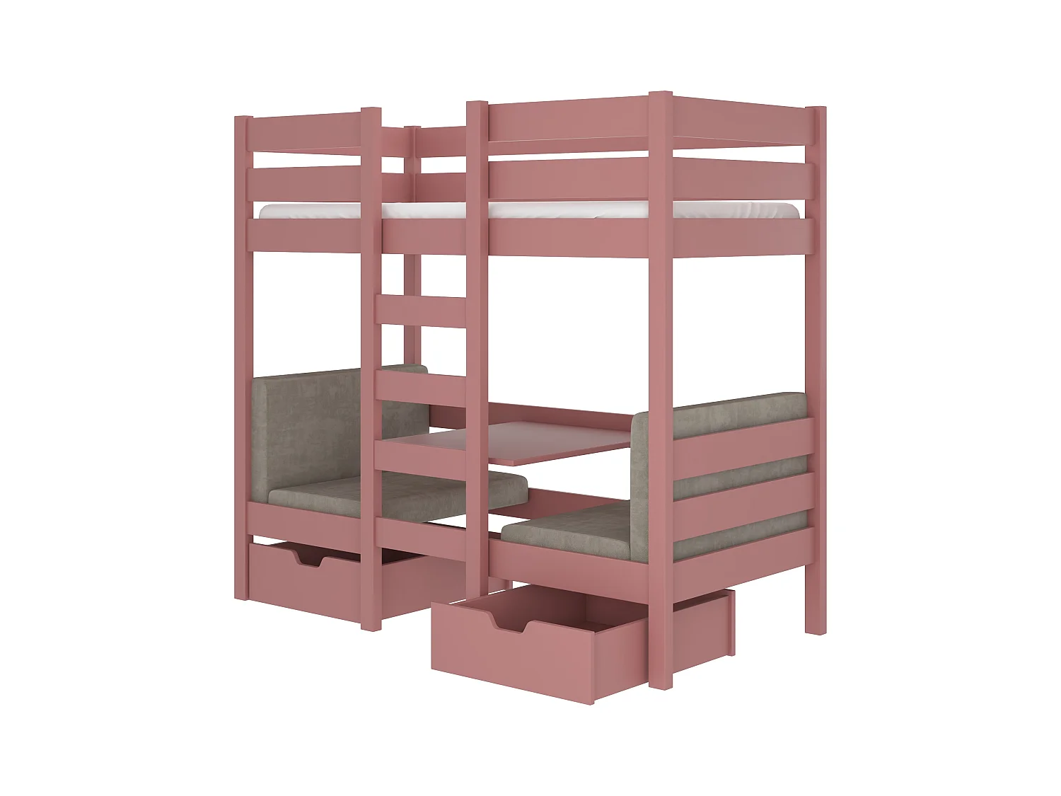 Lit mezzanine et superposé 2 couchages avec 2 tiroirs de rangement rose 90x200 Sulutia