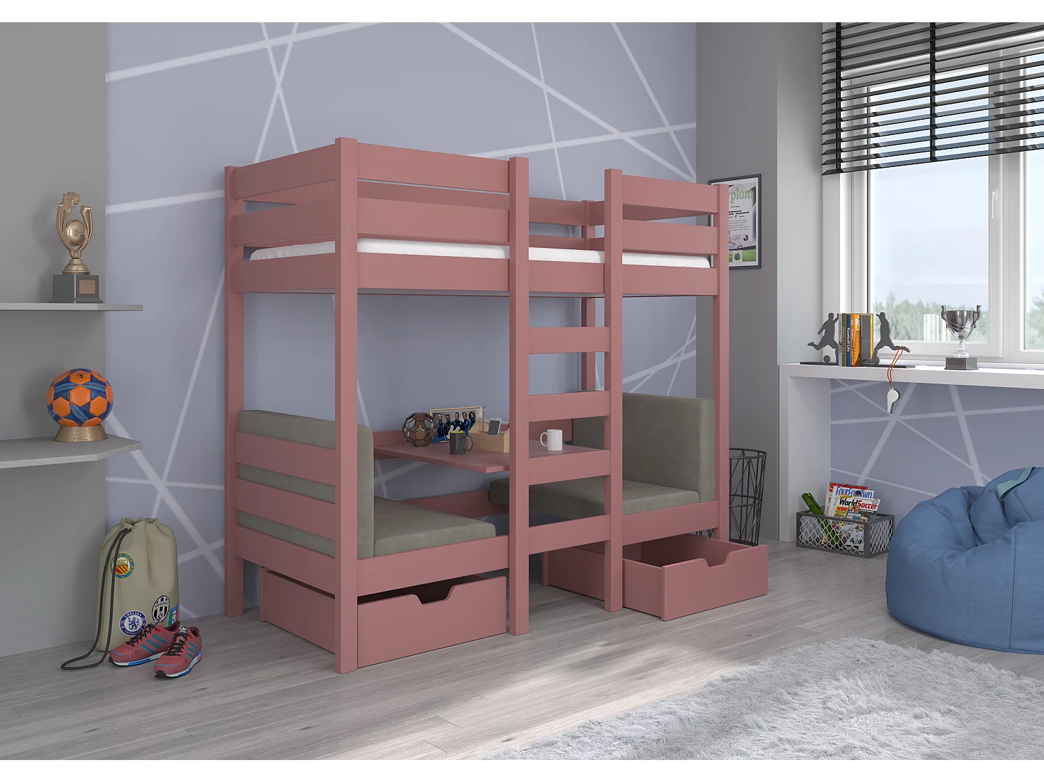 Lit mezzanine et superposé 2 couchages avec 2 tiroirs de rangement rose 90x200 Sulutia