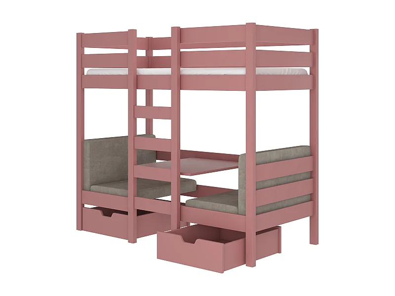 Lit mezzanine et superposé 2 couchages avec 2 tiroirs de rangement rose 90x200 Sulutia
