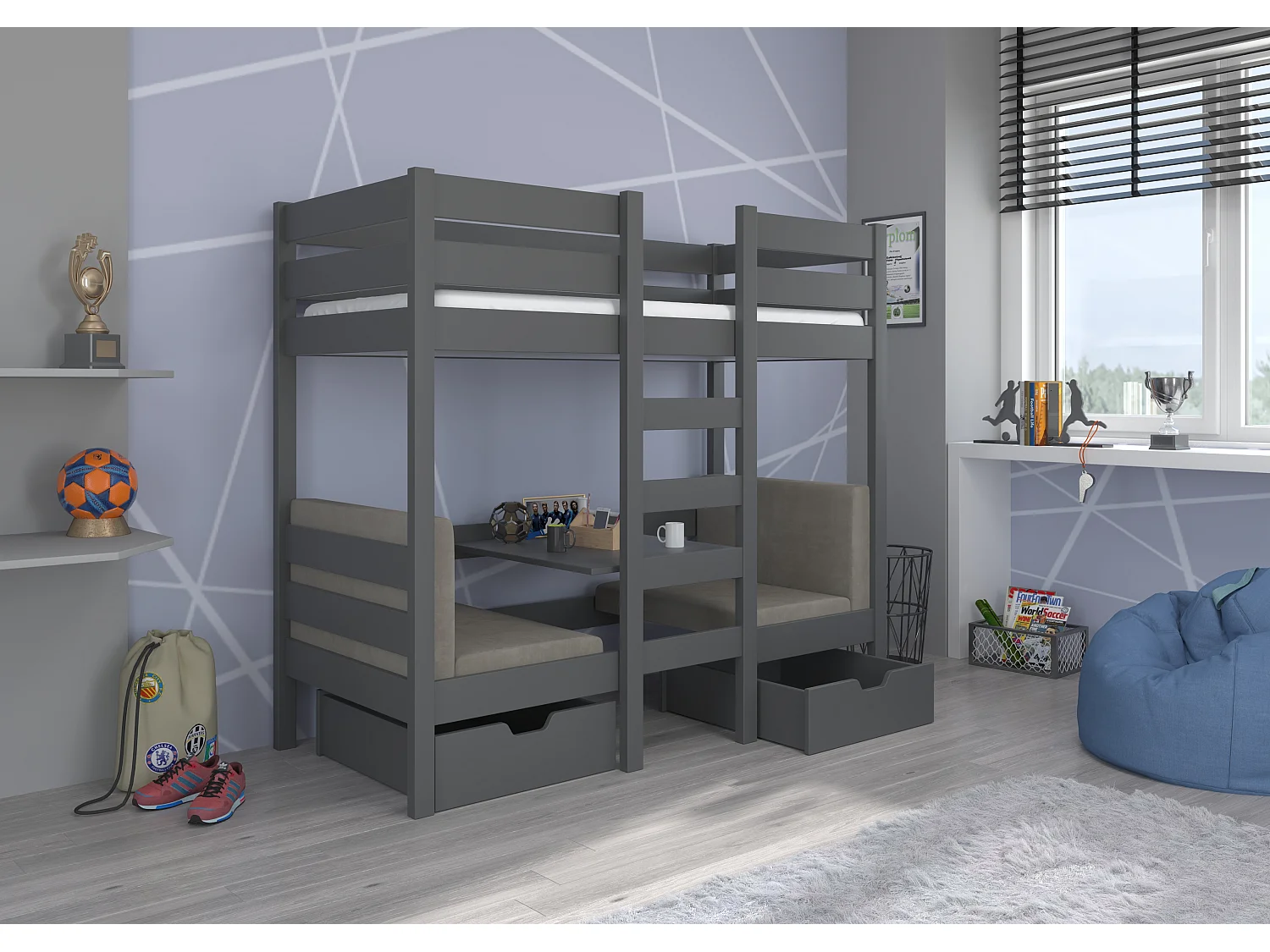 Lit mezzanine et superposé 2 couchages avec 2 tiroirs de rangement gris graphite 90x200 Sulutia