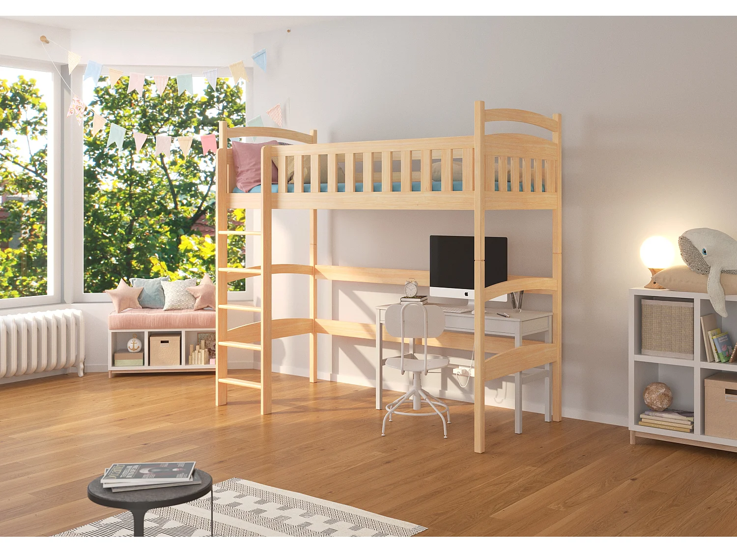 Lit enfant mezzanine bois de pin naturel 90x200 Mikola