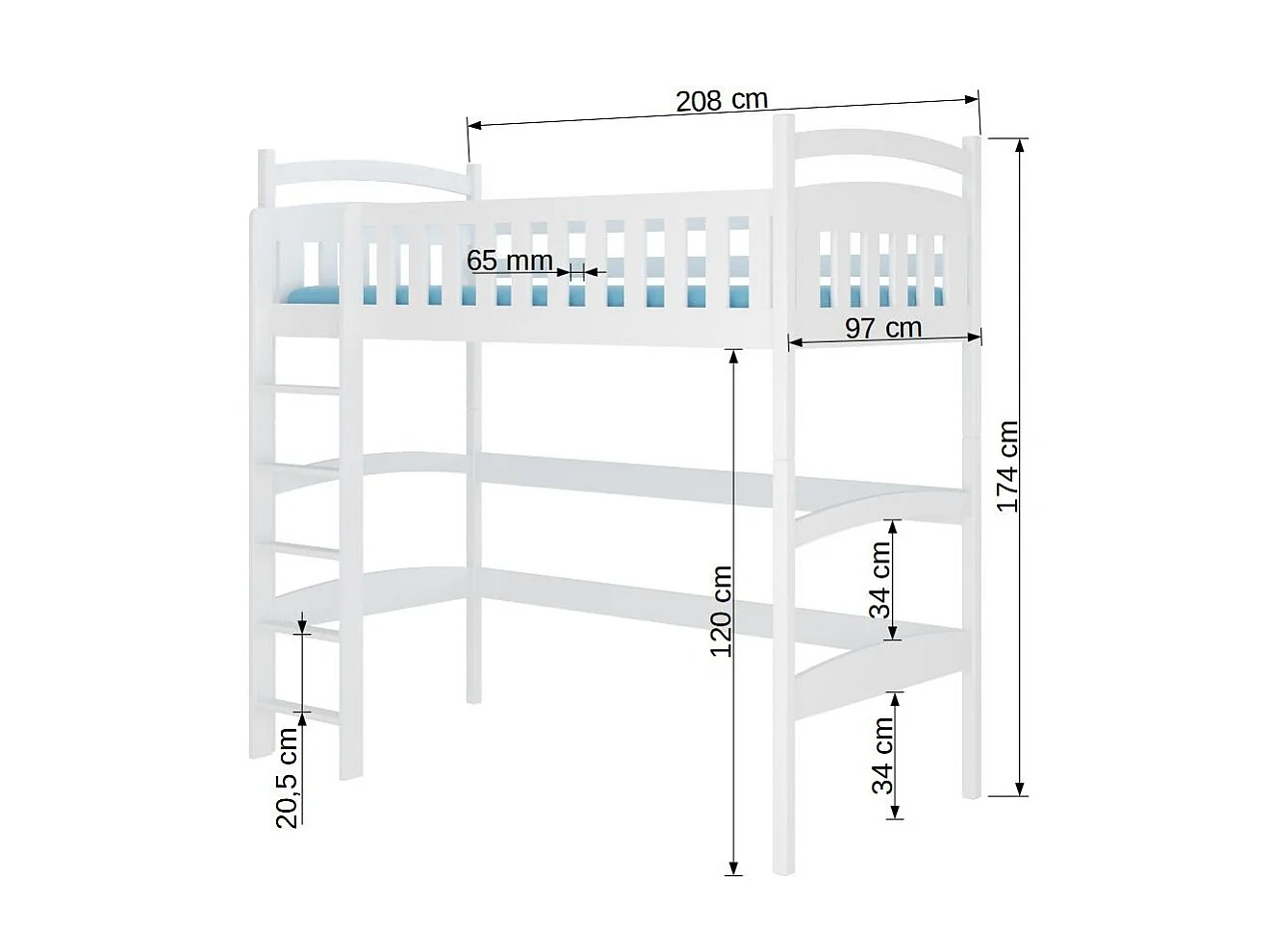 Lit enfant mezzanine bois de pin naturel 90x200 Mikola