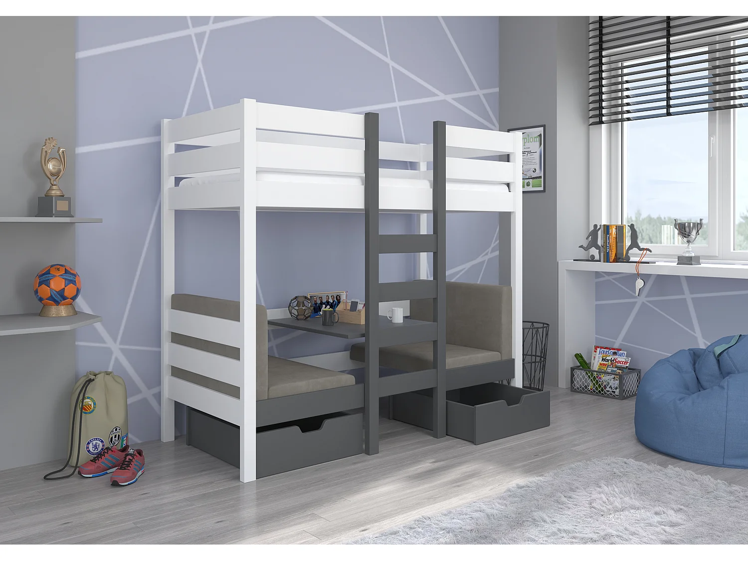 Lit mezzanine et superposé 2 couchages avec 2 tiroirs de rangement blanc et gris graphite 90x200 Sulutia