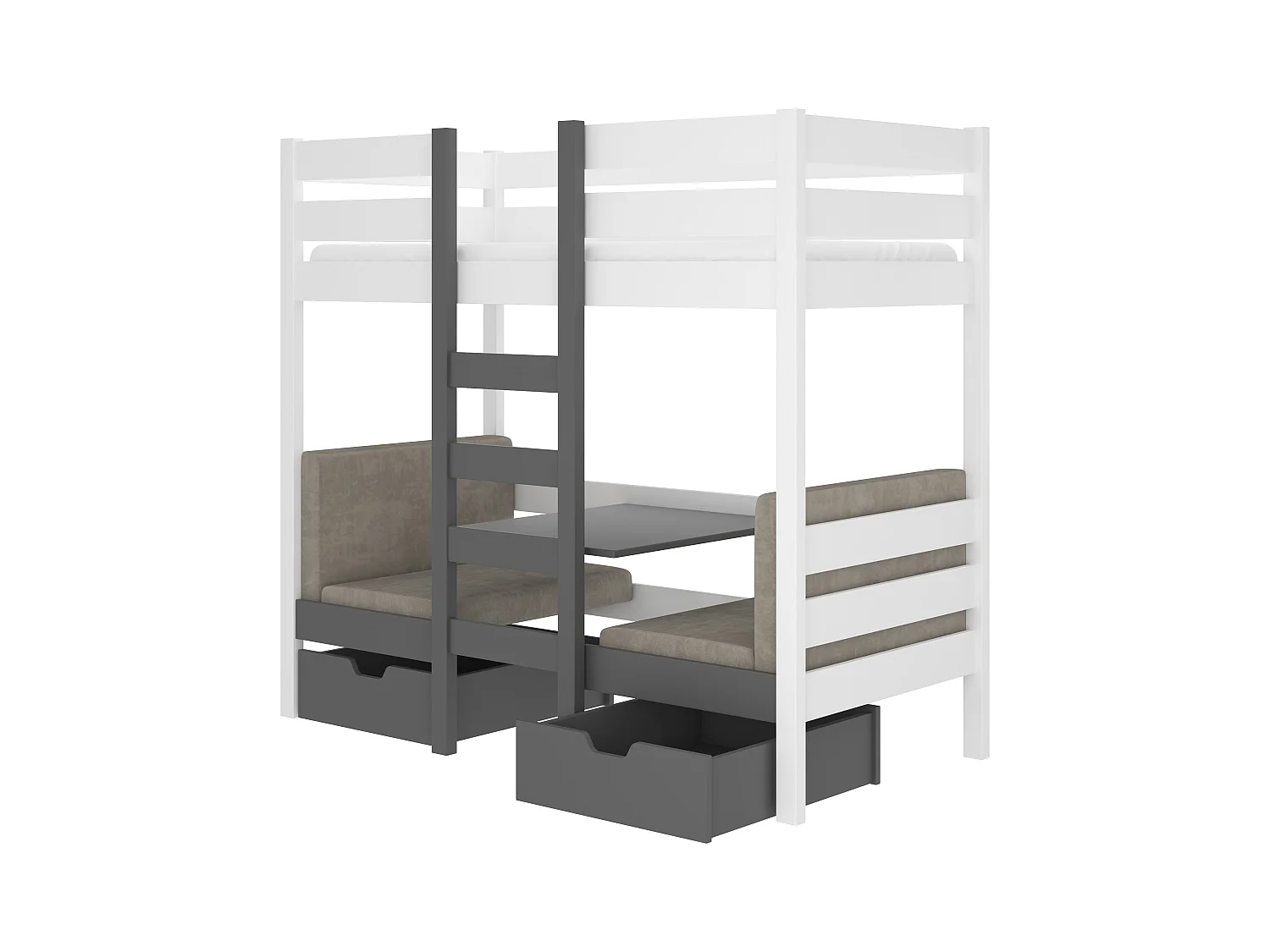 Lit mezzanine et superposé 2 couchages avec 2 tiroirs de rangement blanc et gris graphite 90x200 Sulutia