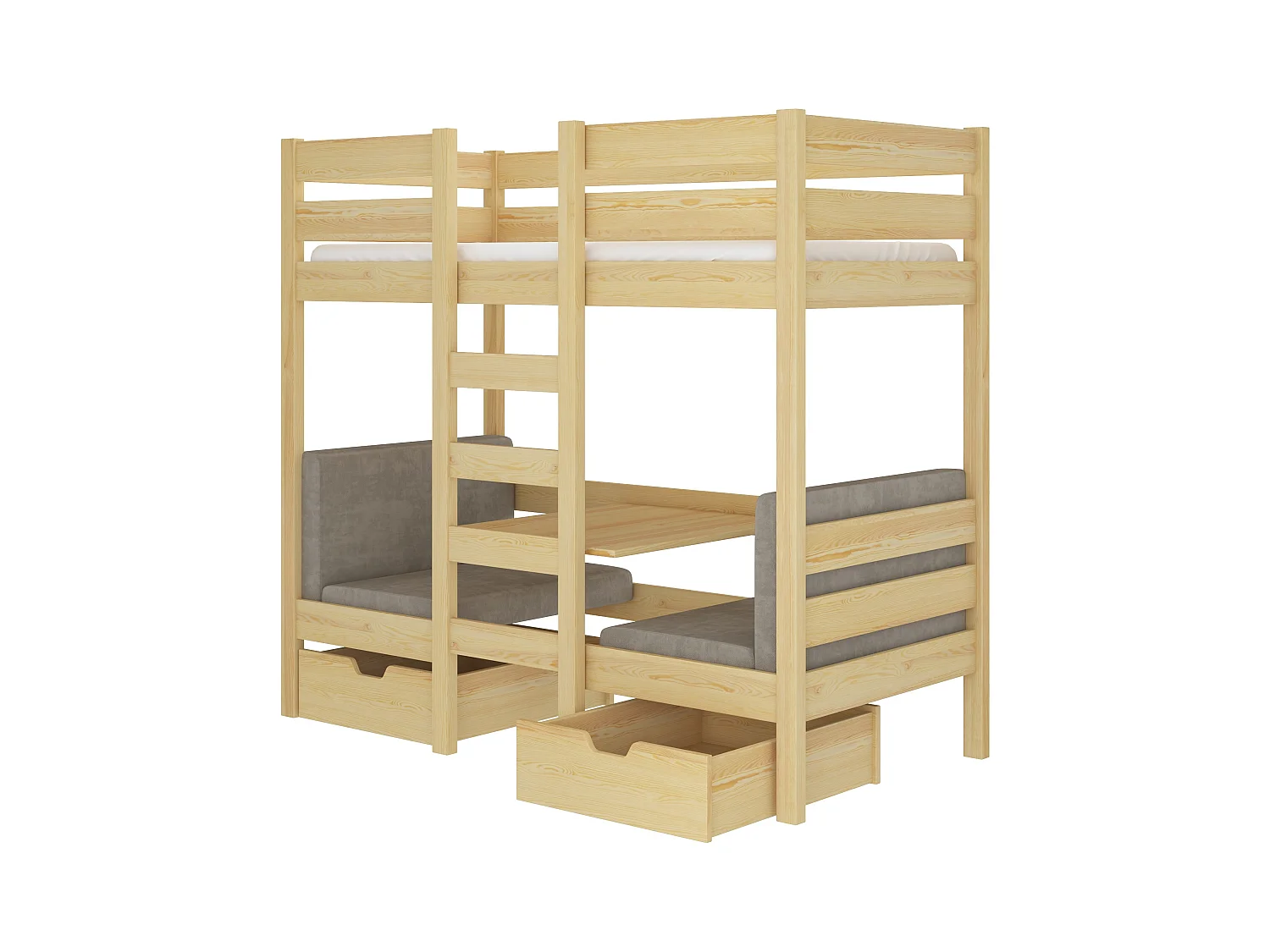 Mezzanine en stapelbed voor 2 personen met 2 naturel grenenhouten opberglades 90x200 cm Sulutia