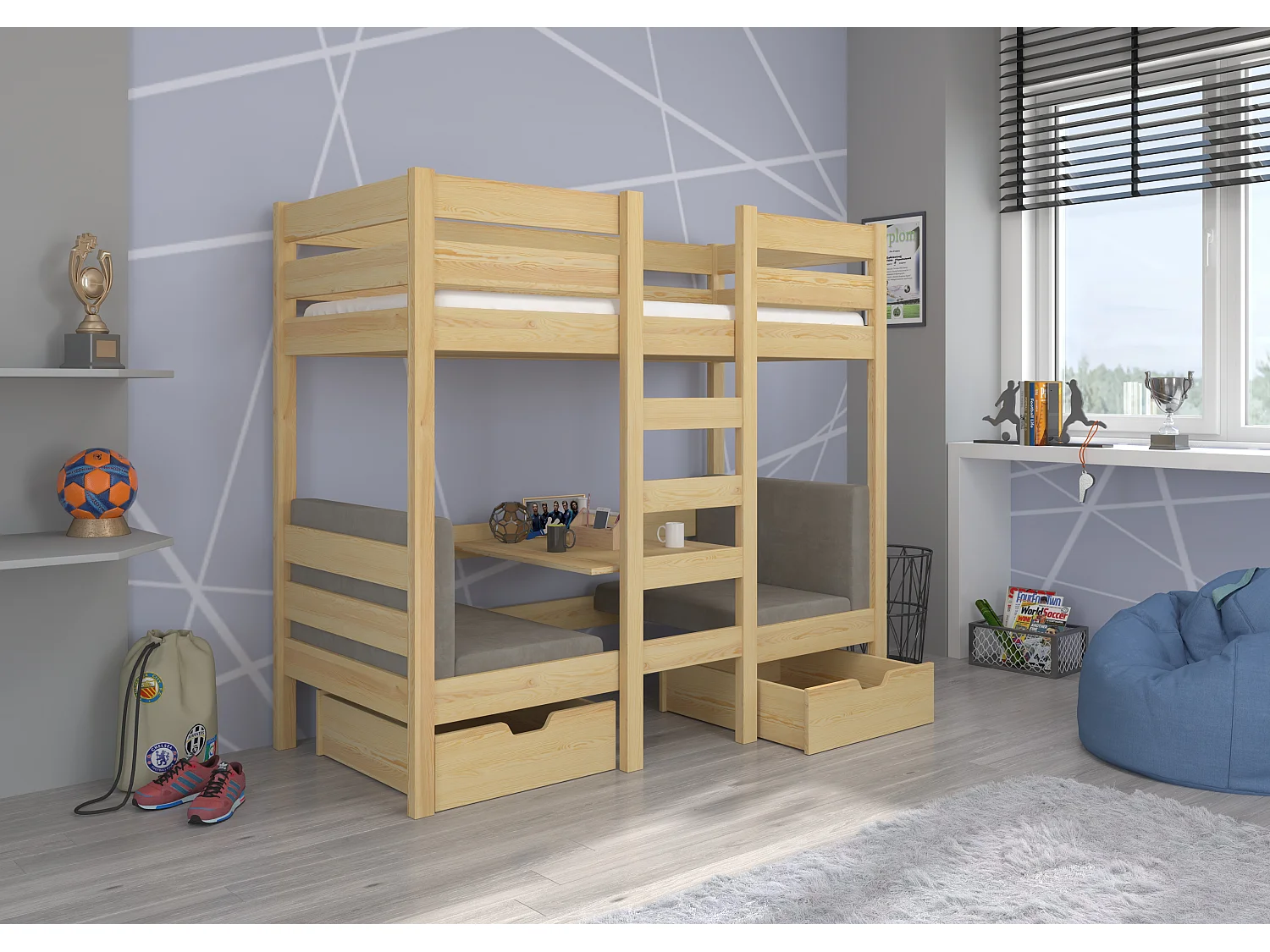 Lit mezzanine et superposé 2 couchages avec 2 tiroirs de rangement bois pin naturel 90x200 Sulutia