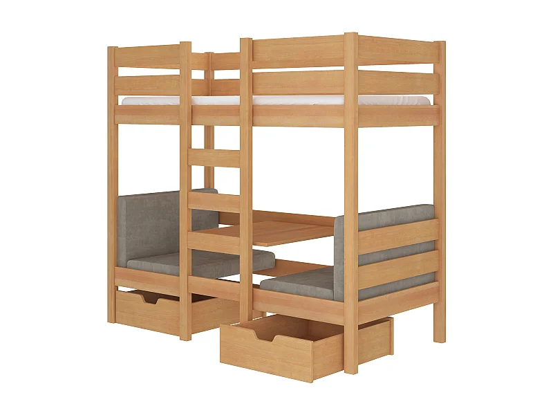 Lit mezzanine et superposé 2 couchages avec 2 tiroirs de rangement bois pin miel 90x200 Sulutia