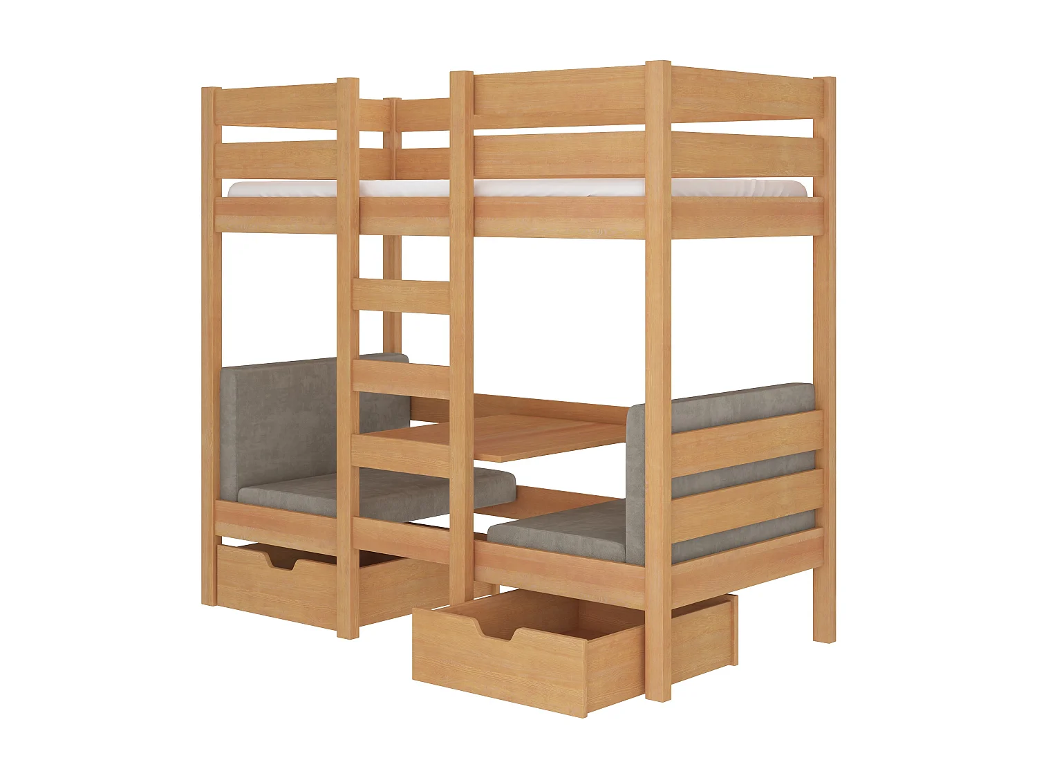 Lit mezzanine et superposé 2 couchages avec 2 tiroirs de rangement bois pin miel 90x200 Sulutia