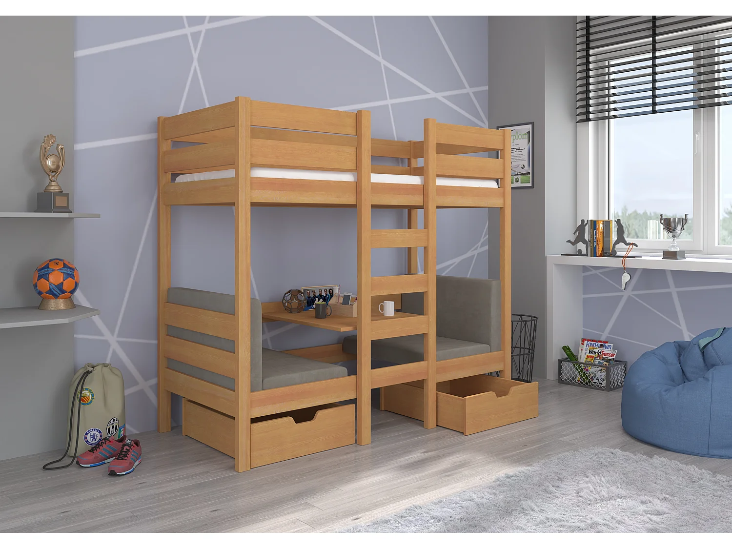 Lit mezzanine et superposé 2 couchages avec 2 tiroirs de rangement bois pin miel 90x200 Sulutia