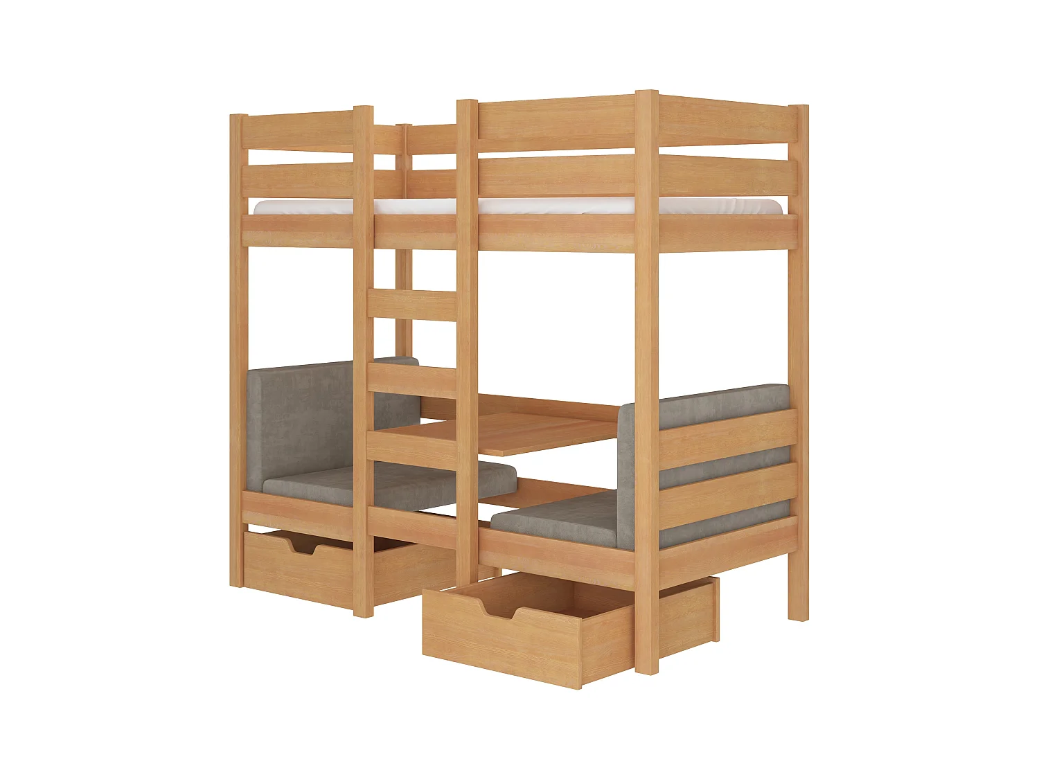 Lit mezzanine et superposé 2 couchages avec 2 tiroirs de rangement bois pin miel 90x200 Sulutia