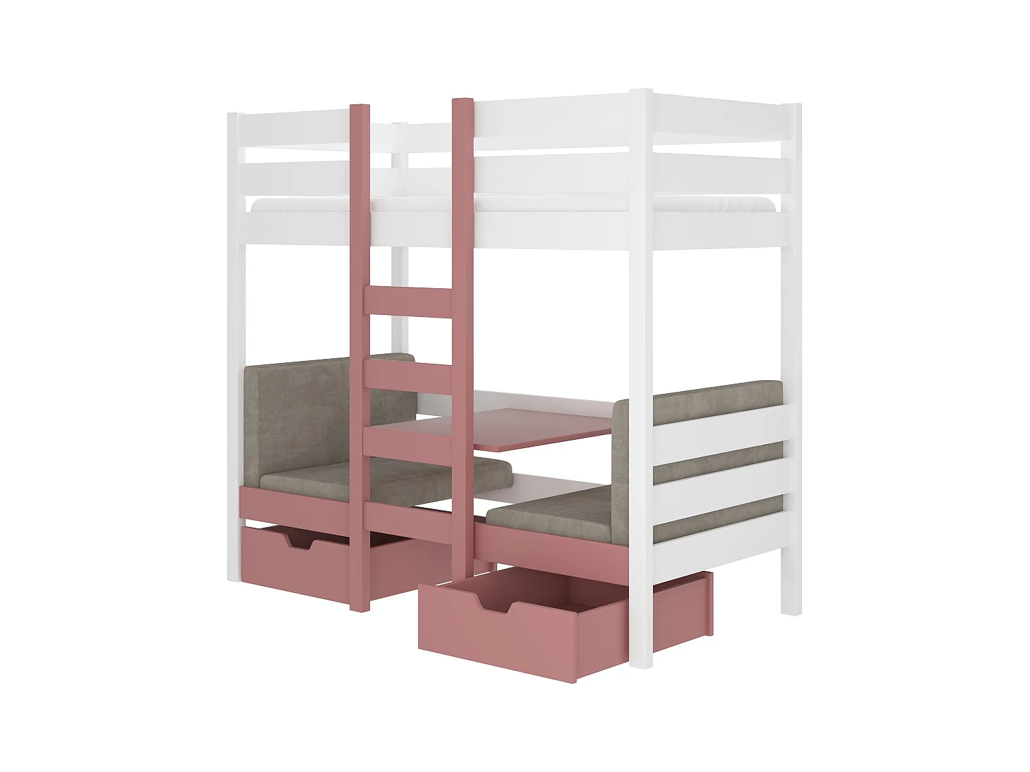 Lit mezzanine et superposé 2 couchages avec 2 tiroirs de rangement blanc et rose 90x200 Sulutia