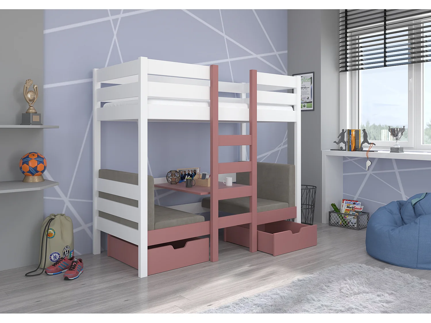 Lit mezzanine et superposé 2 couchages avec 2 tiroirs de rangement blanc et rose 90x200 Sulutia