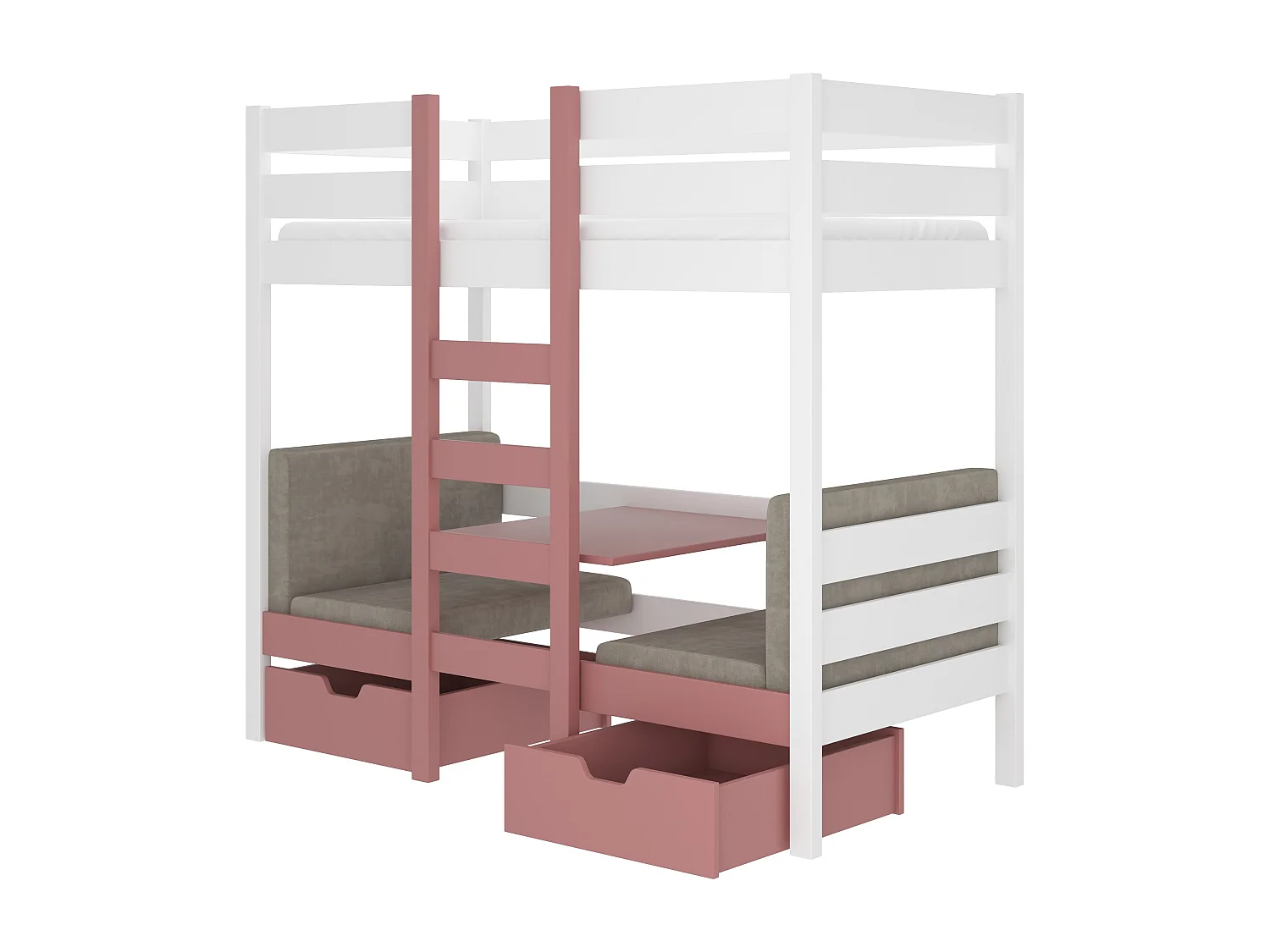 Lit mezzanine et superposé 2 couchages avec 2 tiroirs de rangement blanc et rose 90x200 Sulutia