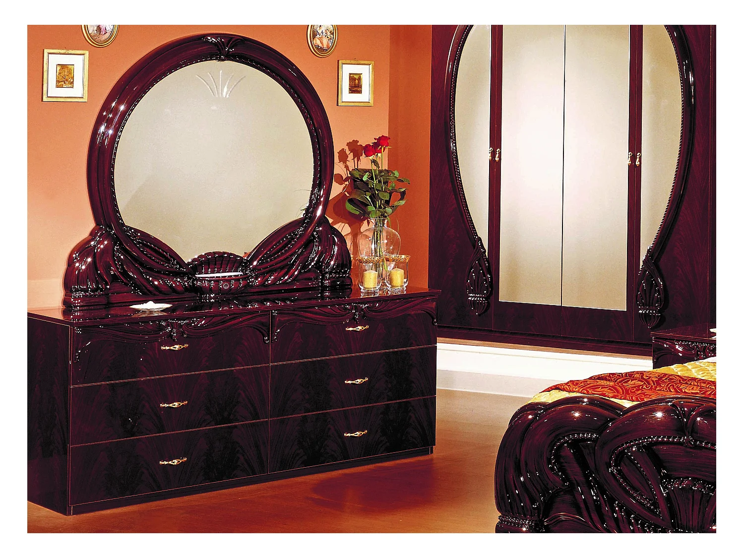 Miroir rond bois brillant acajou Venize 111cm