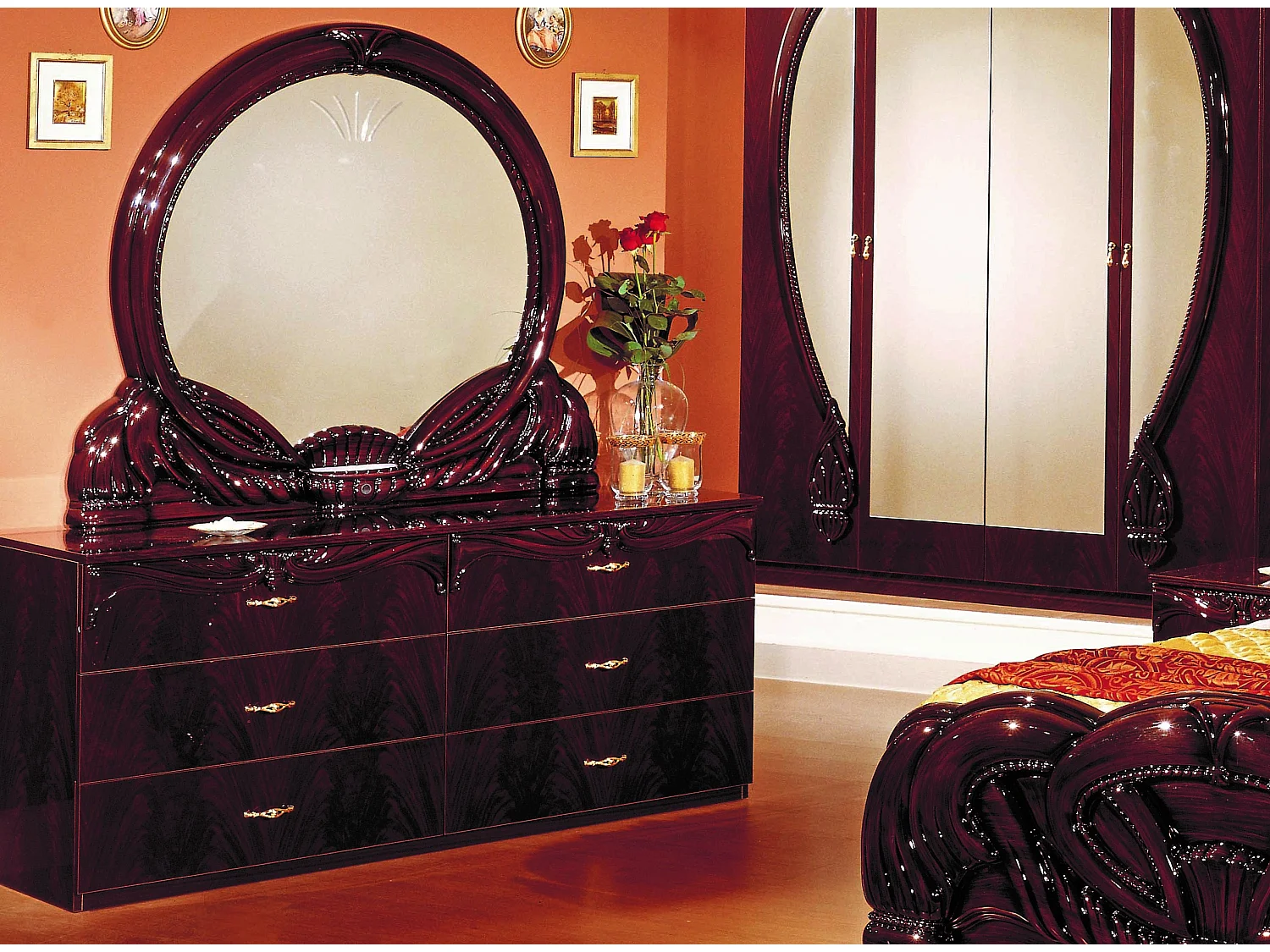 Miroir rond bois brillant acajou Venize 111cm