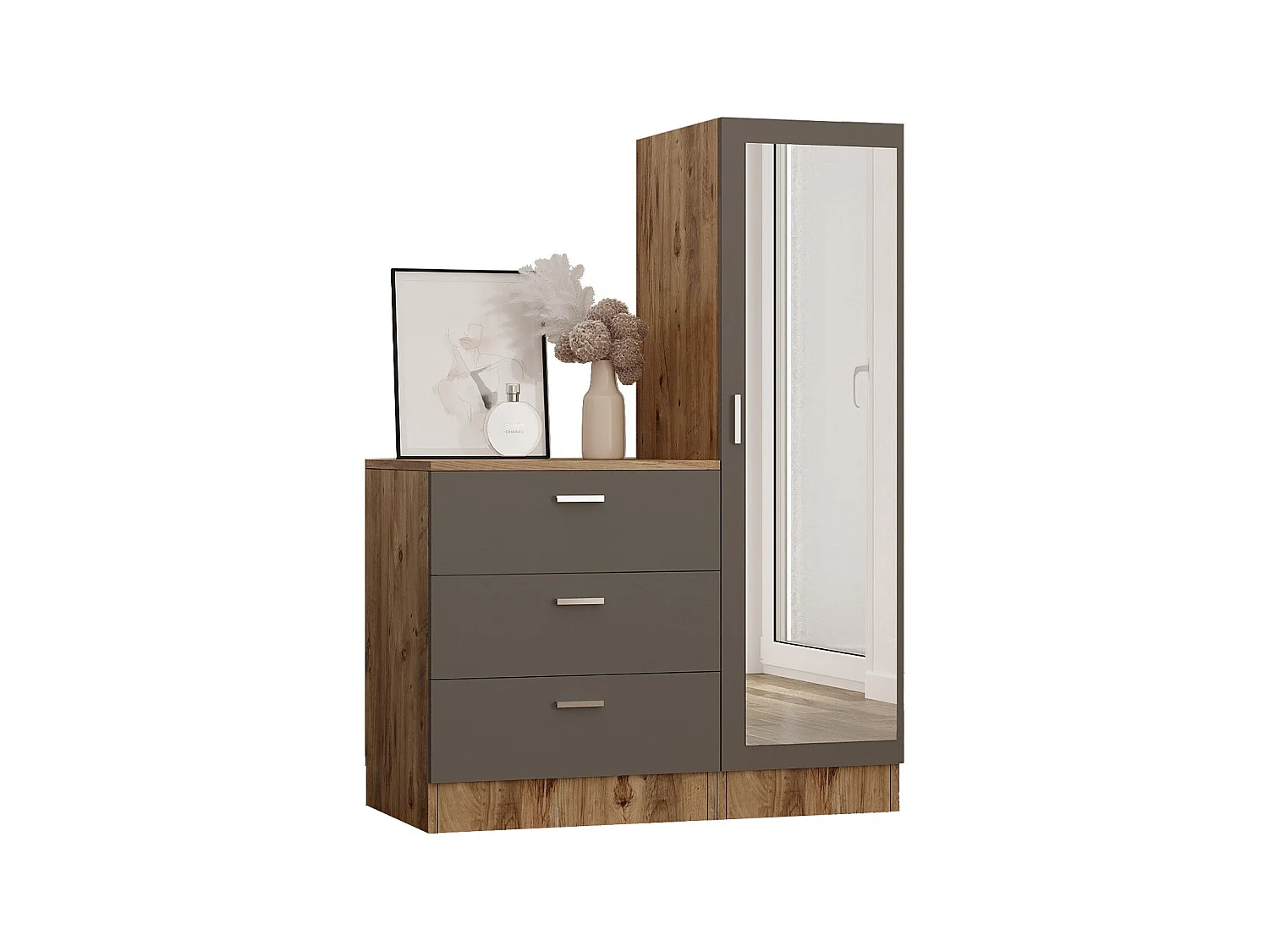 Armoire et commode polyvalente blanche, gris et noyer Dreka 100cm