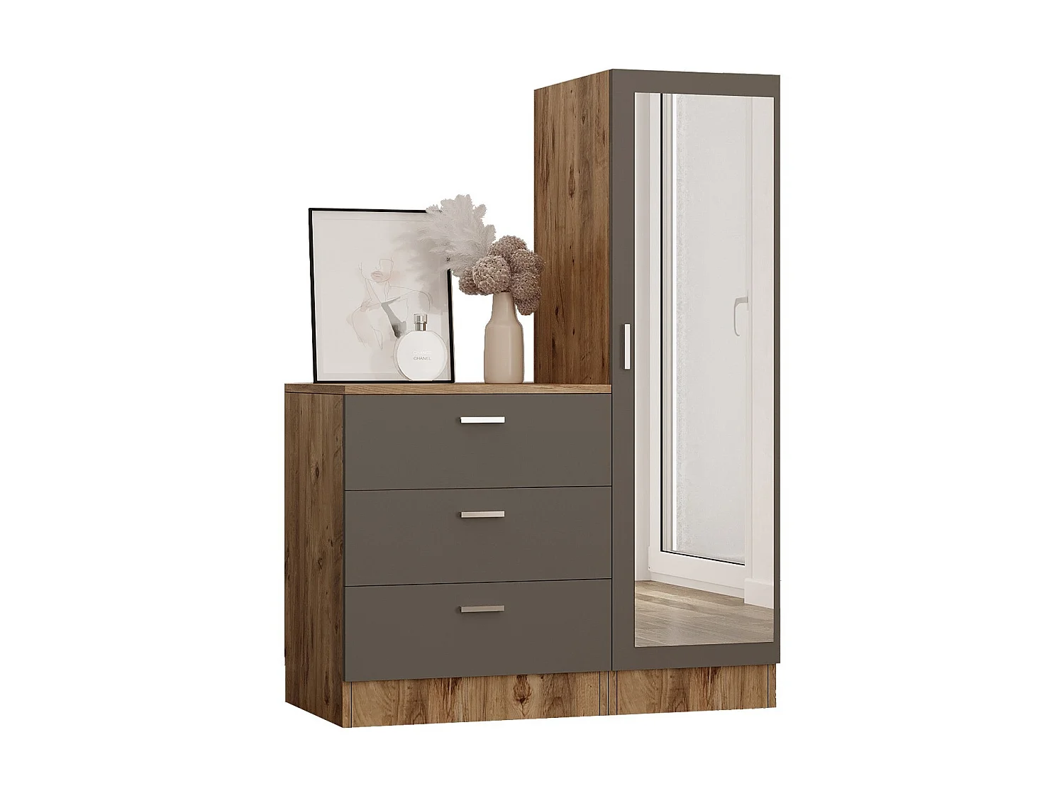 Armoire et commode polyvalente blanche, gris et noyer Dreka 100cm