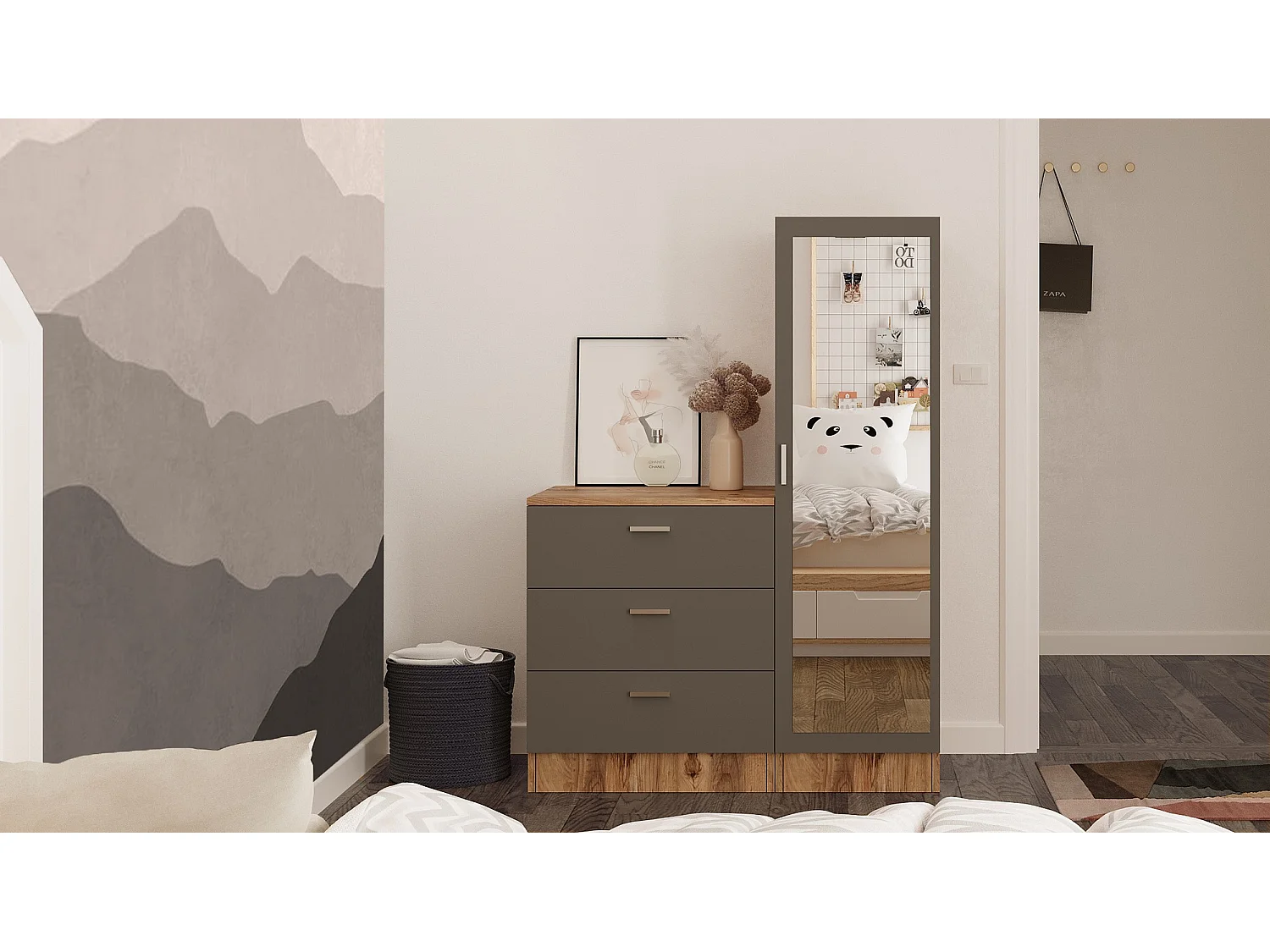 Armoire et commode polyvalente blanche, gris et noyer Dreka 100cm