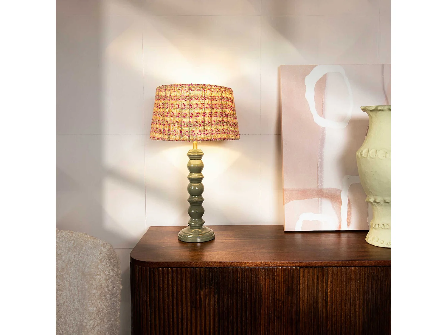 Now's Home - Lampe A Poser Pied Bois Kaki Avec Abat Jour En Tweed Ht 51 Cm Romy