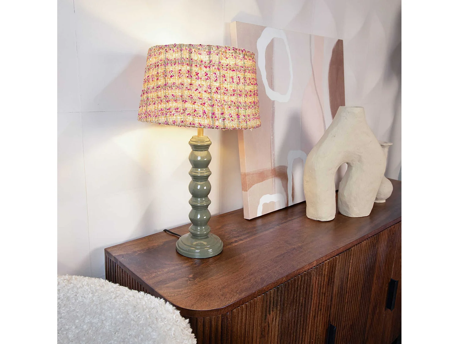 Now's Home - Lampe A Poser Pied Bois Kaki Avec Abat Jour En Tweed Ht 51 Cm Romy