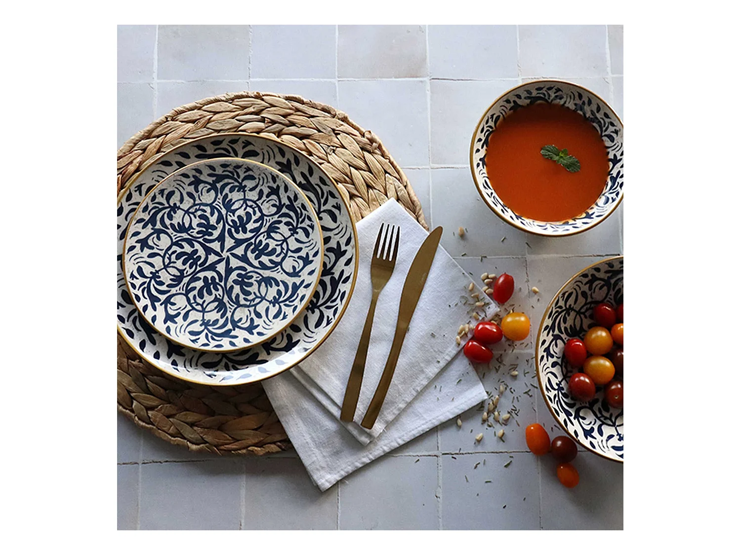 Novastyl - Lot 6 Assiettes Desserts Heraclee 19cm En Gres Decor Bleu