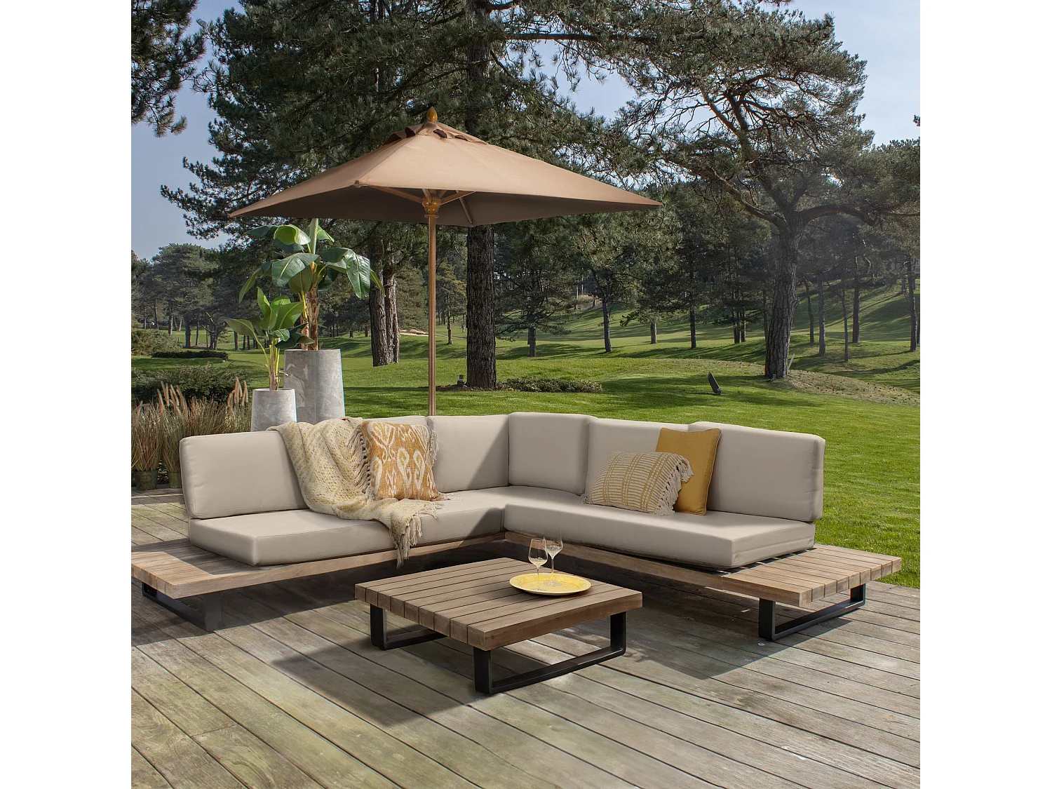 Now's Home - Salon De Jardin En Bois D'acacia Et Coussins Beige 6 Places