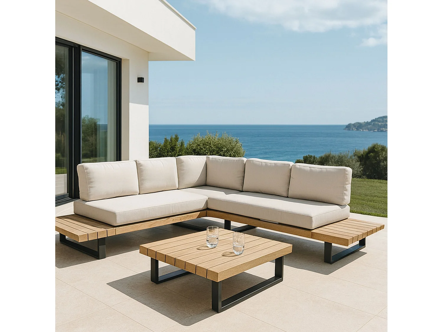 Now's Home - Salon De Jardin En Bois D'acacia Et Coussins Beige 6 Places