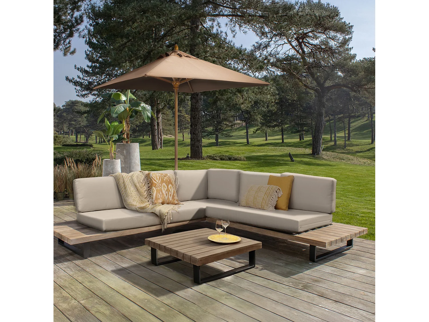 Now's Home - Salon De Jardin En Bois D'acacia Et Coussins Beige 6 Places