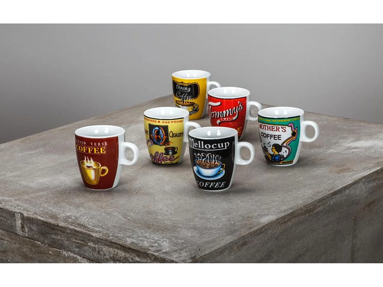 Novastyl - Lot 6 Tasses A Cafe Old School 20cl Porcelaine Decors Assortis