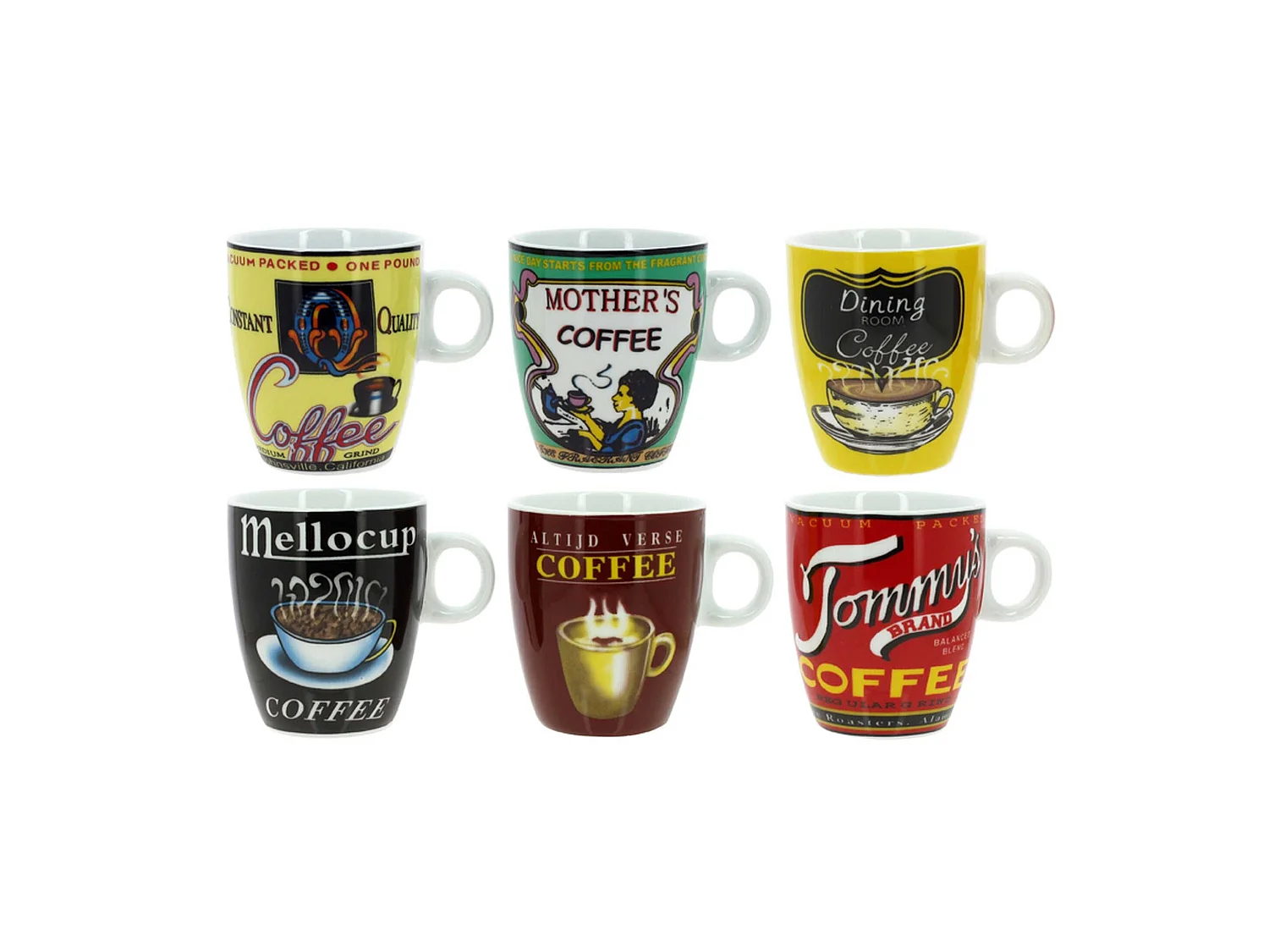 Novastyl - Lot 6 Tasses A Cafe Old School 20cl Porcelaine Decors Assortis