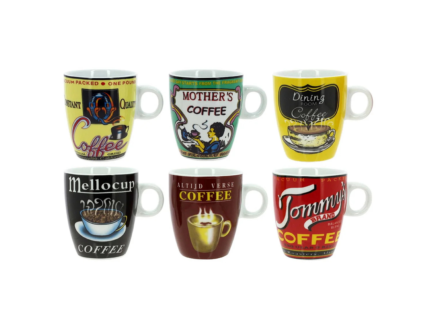 Novastyl - Lot 6 Tasses A Cafe Old School 20cl Porcelaine Decors Assortis