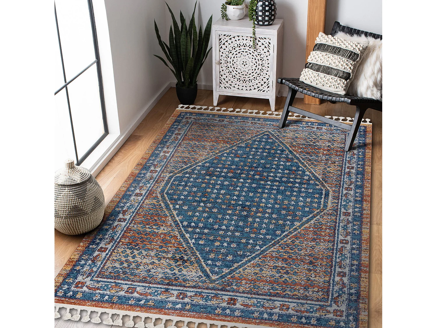 Modern Teppich BELLE BG58A dunkelblau / beige Franse  140x190 cm