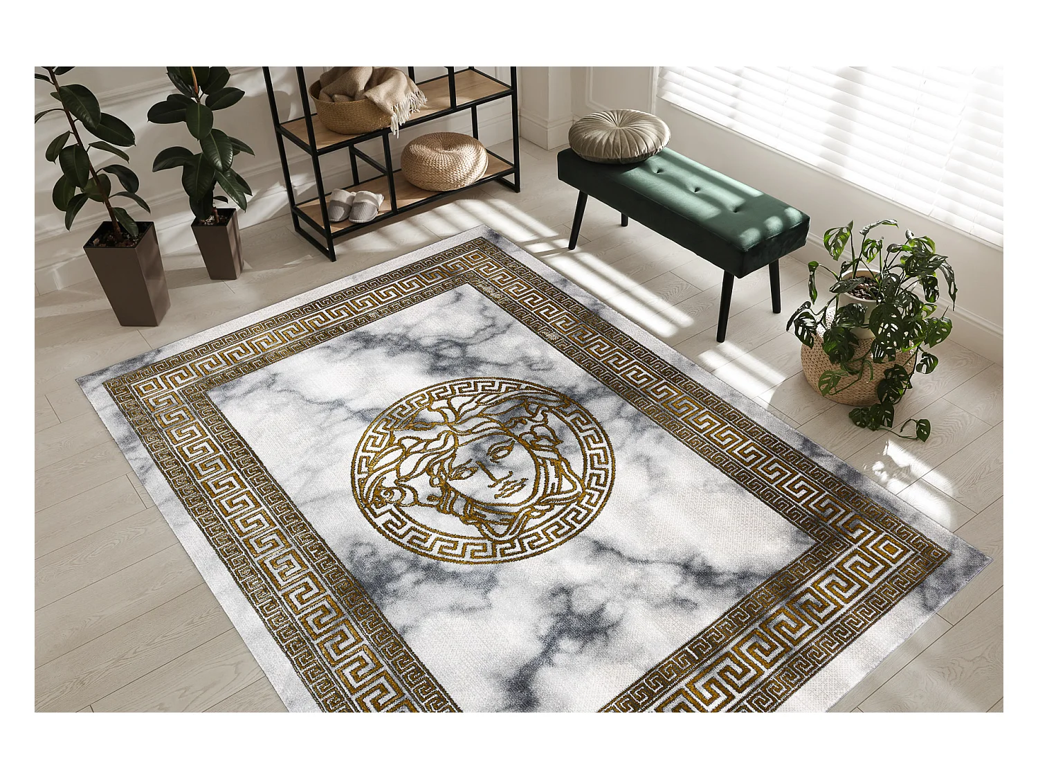 Tapis EMERALD exclusif 1011 glamour, méduse grec cadre crème / or 120x170 cm