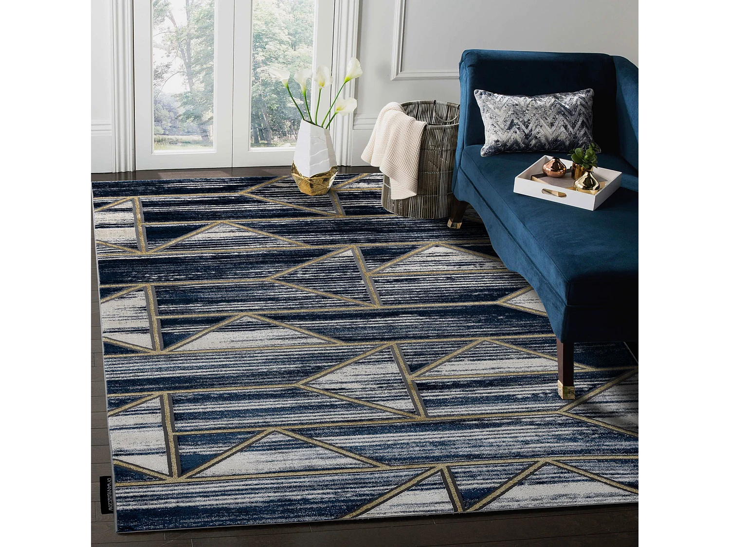 Alfombra DE LUXE moderna 462 Geométrico - Structural azul oscuro / or 240x340 cm