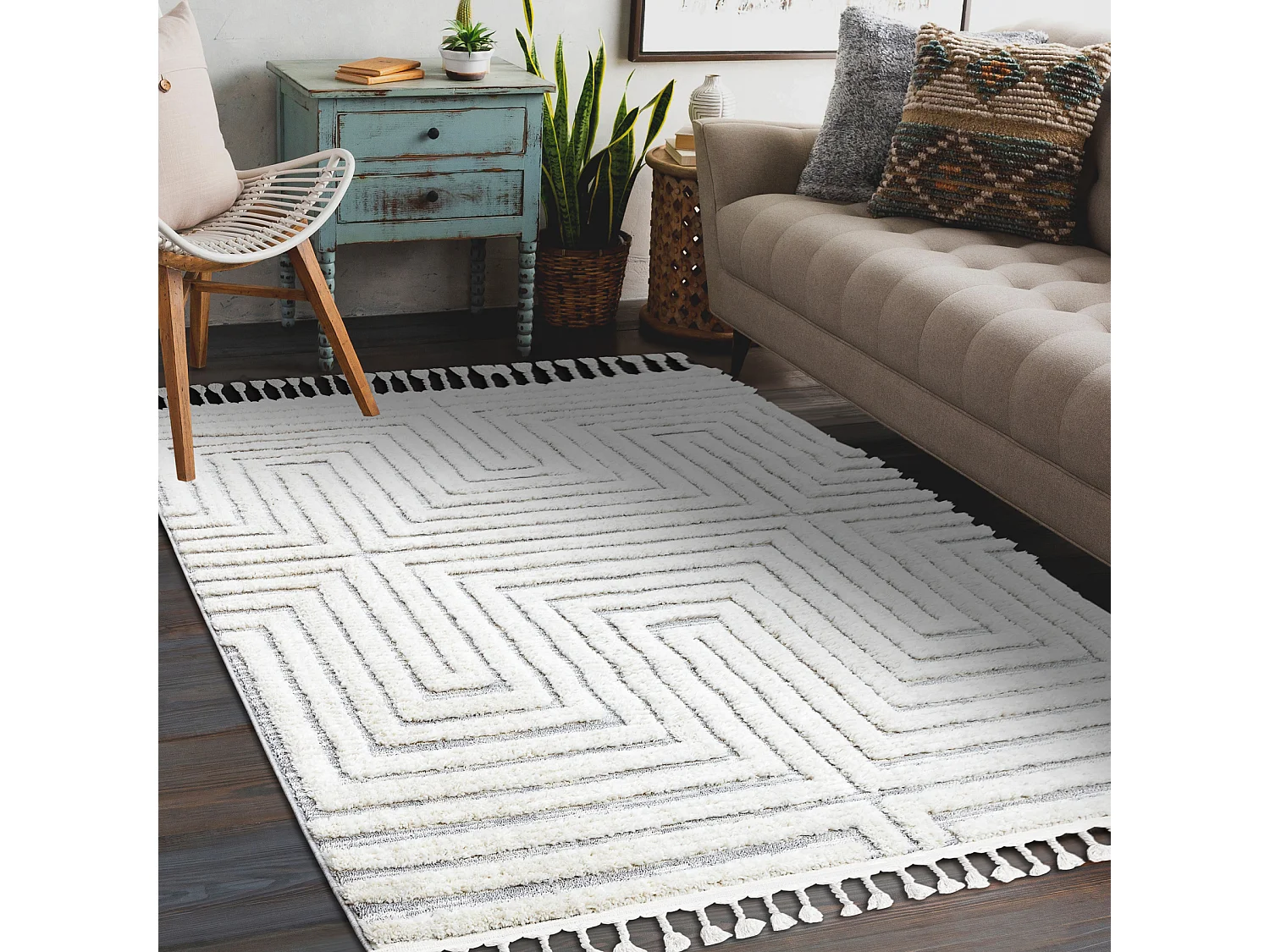 Tapijt SEVILLA Z788A Labirynt, Grieks wit / grijs Kwastjes berbery Mar 80x150 cm