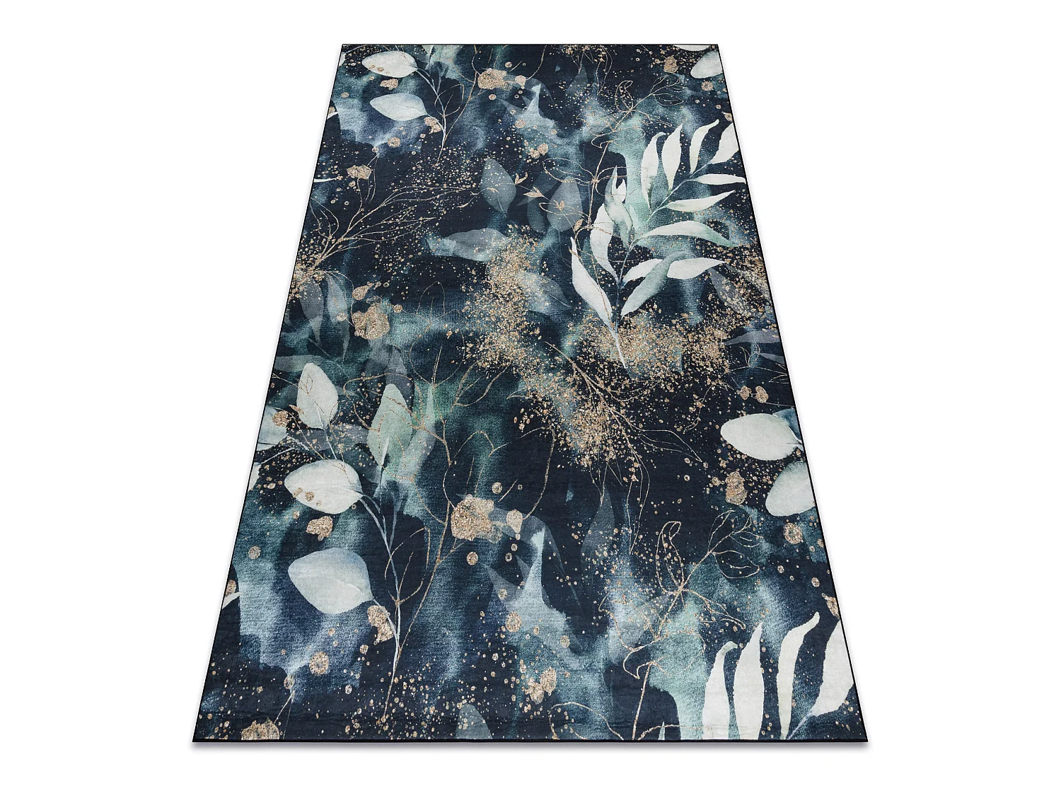 ANDRE 1336 tapijt wasbaar Bladeren antislip - zwart / turkoois 80x150 cm